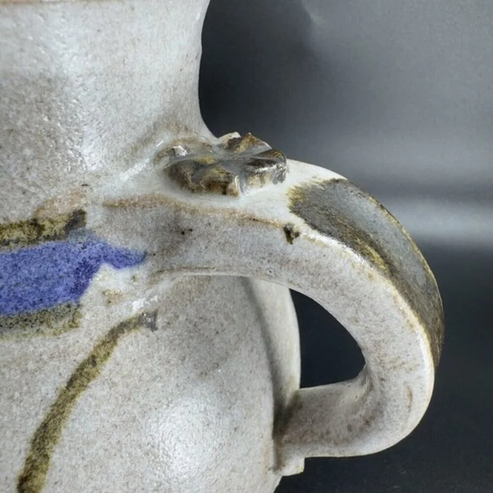 Hand Made Stoneware‎ Pottery Pitcher Carafe Hand Painted Blue Flowers Vintage